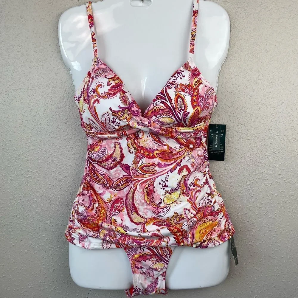 NWT Lauren Ralph Lauren Pink Paisley Tankini Top and Matching Bottoms